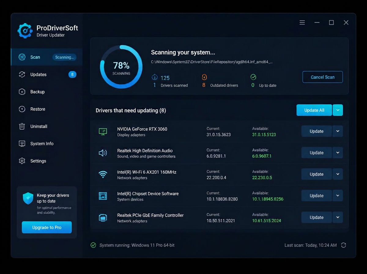 ProDriverSoft app scanning a Windows PC and listing drivers that need updating